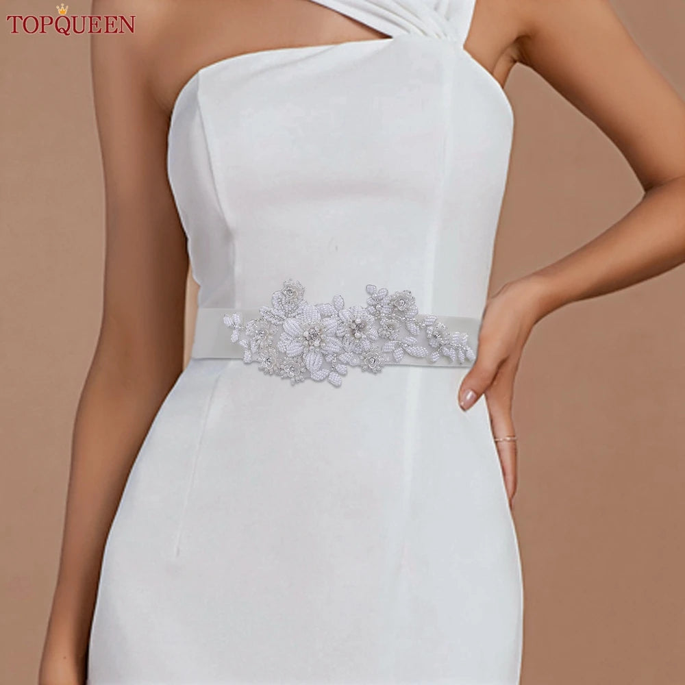 TOPQUEEN S484 Bridal Belt Fashion Wedding Accessories White Pearl Beaded Flower Sash Women's Party Dresses Accessories Appliques