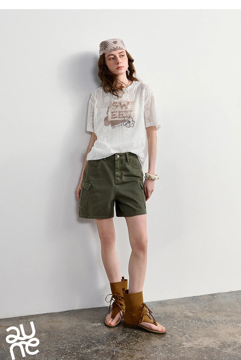 TOYOUTH Women Lace Sheer T-Shirt 2026 Summer New Letter Flower Print Loose Drop Shoulder Fashion Pullover Tops