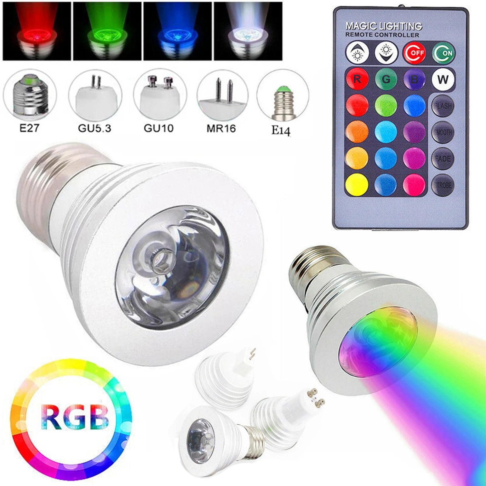 New RGB LED Spotlight 3W E27 E14 GU10 GU5.3 MR16 With 24-Key Remote Control Color Dimmable Light Bulbs For Home Decoration