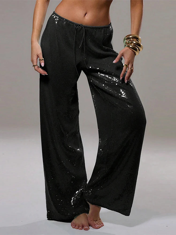 Loose Solid Color Sequin Pants Women's Cinched Waist Glitter Straight Baggy Long Pants Casual Street Chic Sparkle Women's Trousers