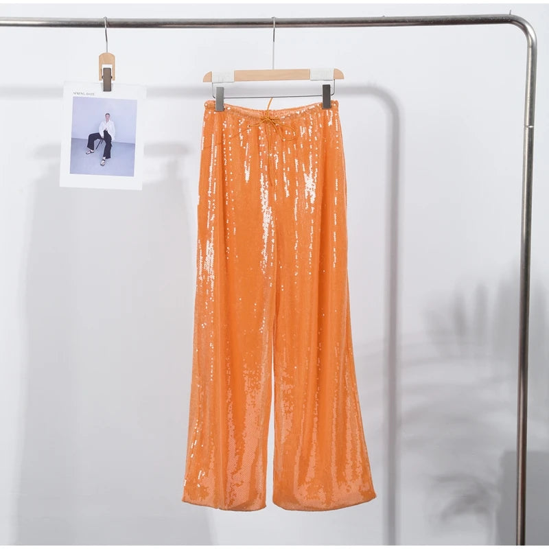 Loose Solid Color Sequin Pants Women's Cinched Waist Glitter Straight Baggy Long Pants Casual Street Chic Sparkle Women's Trousers