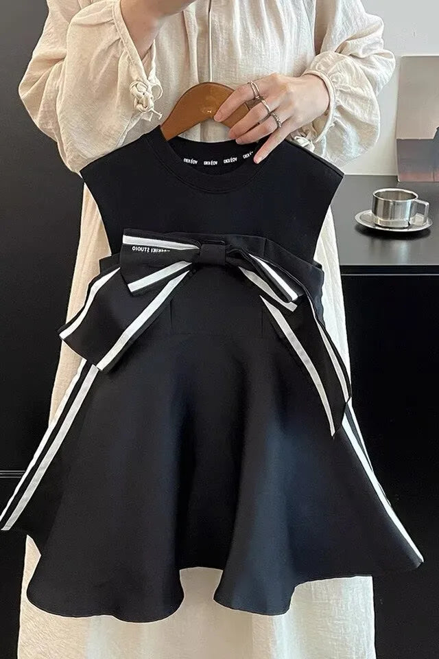 RAISE Baby Girl Bow Vest Dress Striped Infant Toddler Kids Girl Sleeveless Vestido Summer Vintage 1-8Yrs Child Girl Ruched Dress