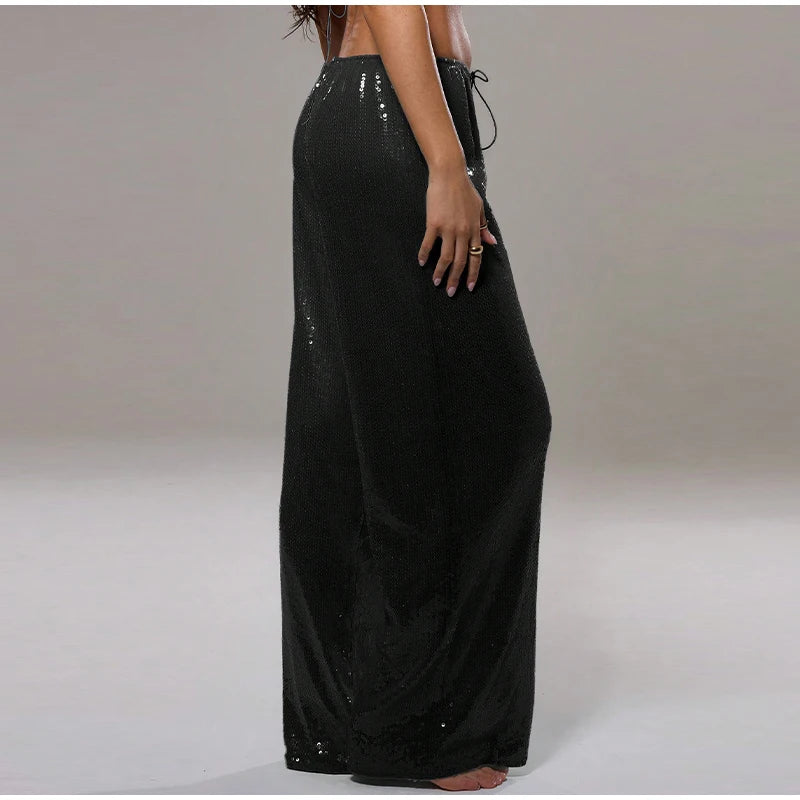 Loose Solid Color Sequin Pants Women's Cinched Waist Glitter Straight Baggy Long Pants Casual Street Chic Sparkle Women's Trousers