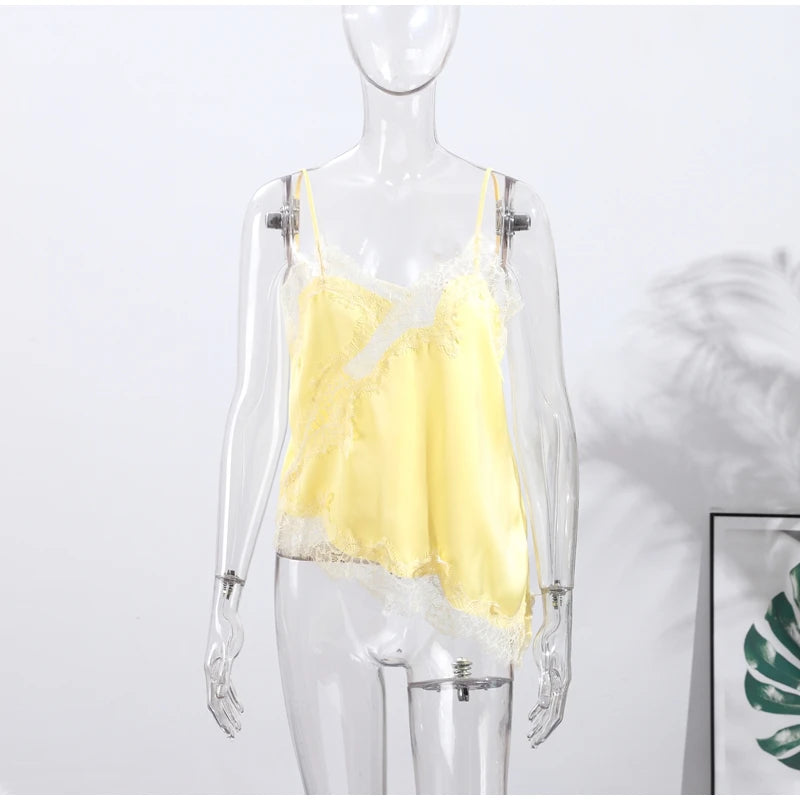 Lace Spliced Square Neck Spaghetti Strap Blouse Loose Fit Cropped 2026 Summer Women Chiffon Top Casual Delicate Lady Blouse
