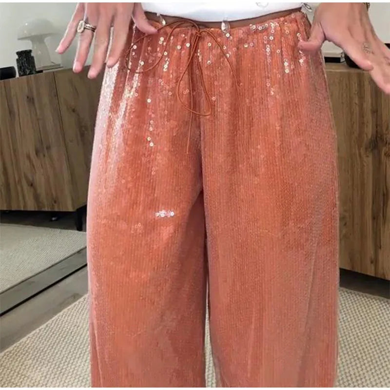 Loose Solid Color Sequin Pants Women's Cinched Waist Glitter Straight Baggy Long Pants Casual Street Chic Sparkle Women's Trousers