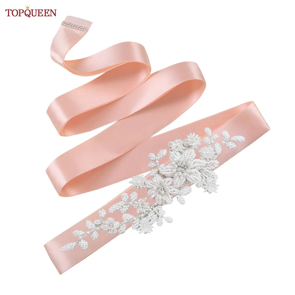 TOPQUEEN S484 Bridal Belt Fashion Wedding Accessories White Pearl Beaded Flower Sash Women's Party Dresses Accessories Appliques