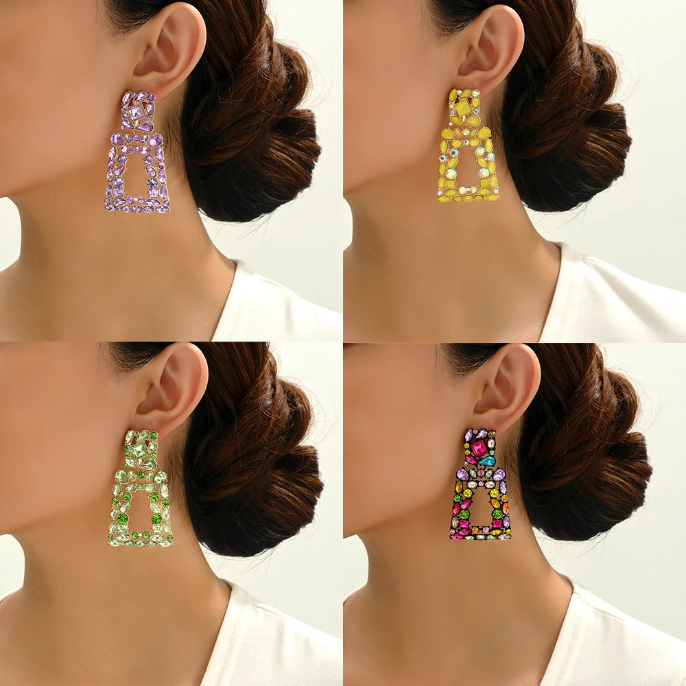 Bohemian Colorful Crystal Decor Large Dangle Earrings For Women Luxury Design Charm Holiday Unusual Pendant Jewelry Accessories