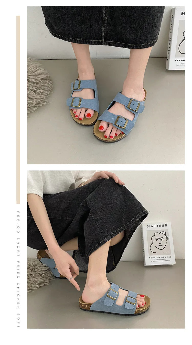 Shevalues Cork Sole Slippers For Women Men Classic Suede Summer Sandals With Arch Support Fashion Orthopedic Beach Cork Shoes