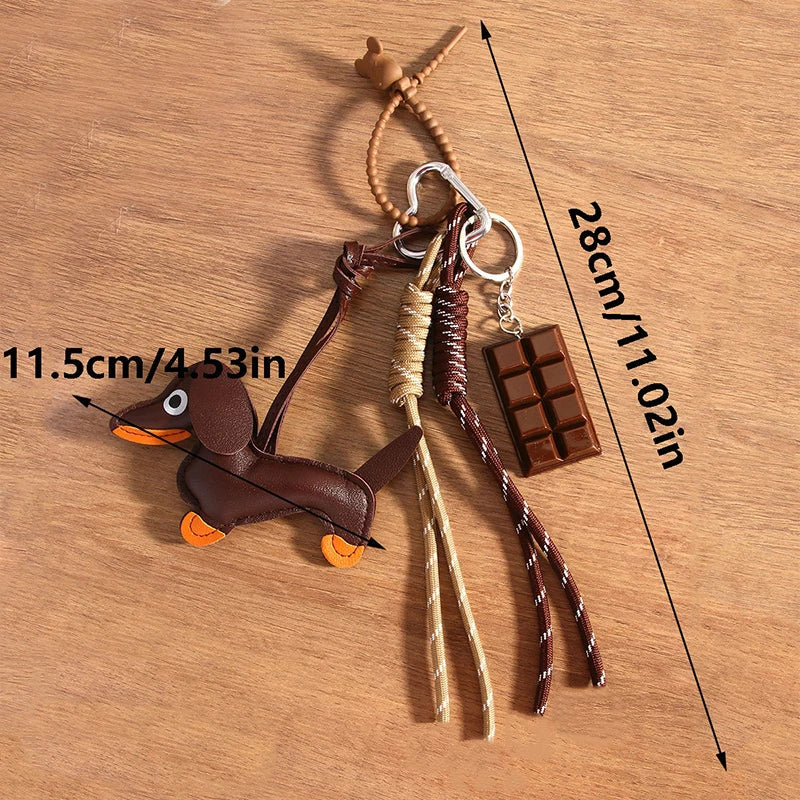 Vintage PU Leather Dachshund Puppy Braided Rope Pendant Keyring Fashion Chocolate Keychain Women Bag Charms Key Holder Gifts