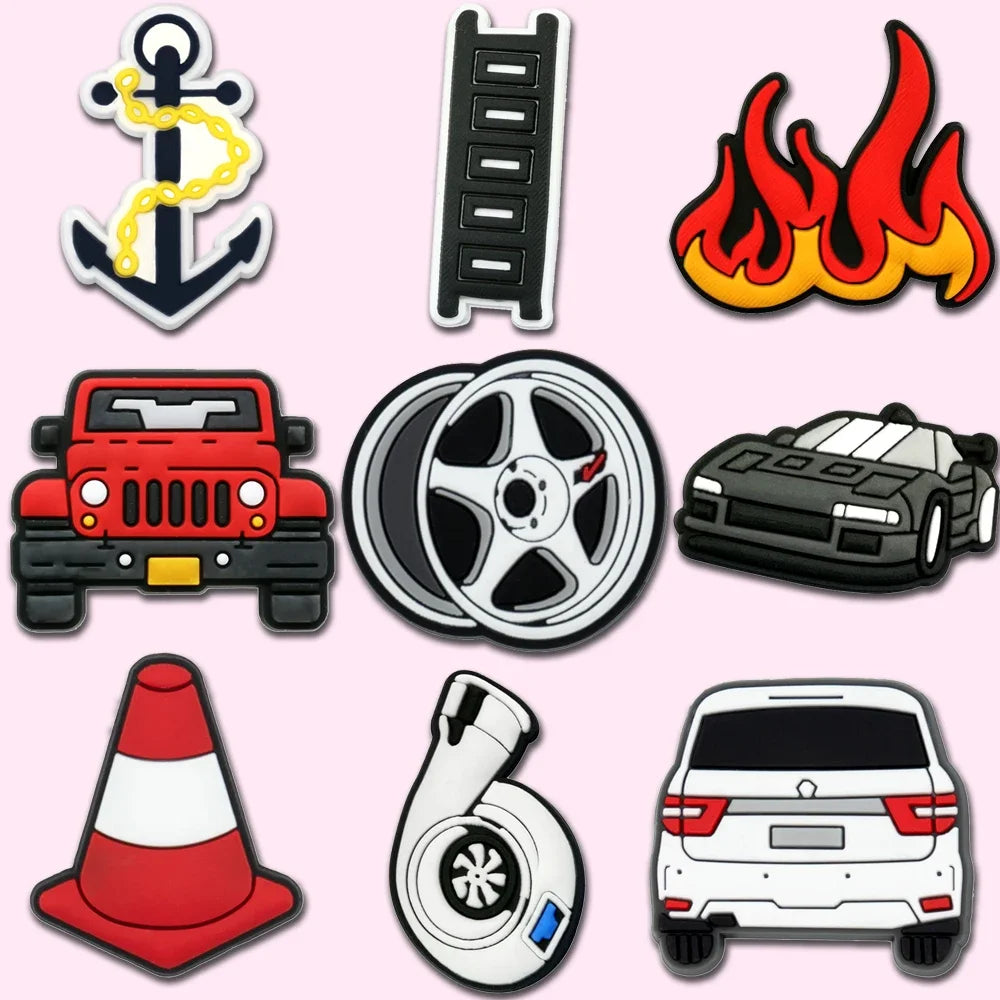 1/9pcs Cruel Jeep Sports Car Shoe Charms for Boys Kids Gift Turbine Hub Shoe Decoration Accessories  Ship's Anchor Pin Clog