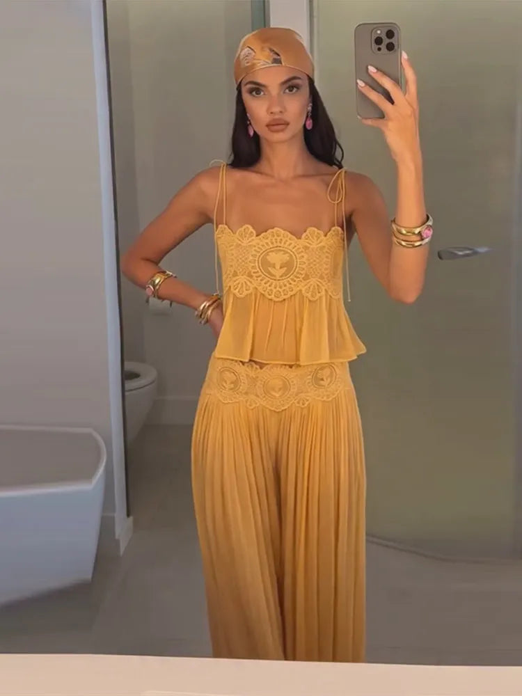 Women's Pant Set Sheer Layers Spaghetti Strap Backless Lace Top Straps Solid Loose Straight Elastic Hem Fashion Beach Chic Suits
