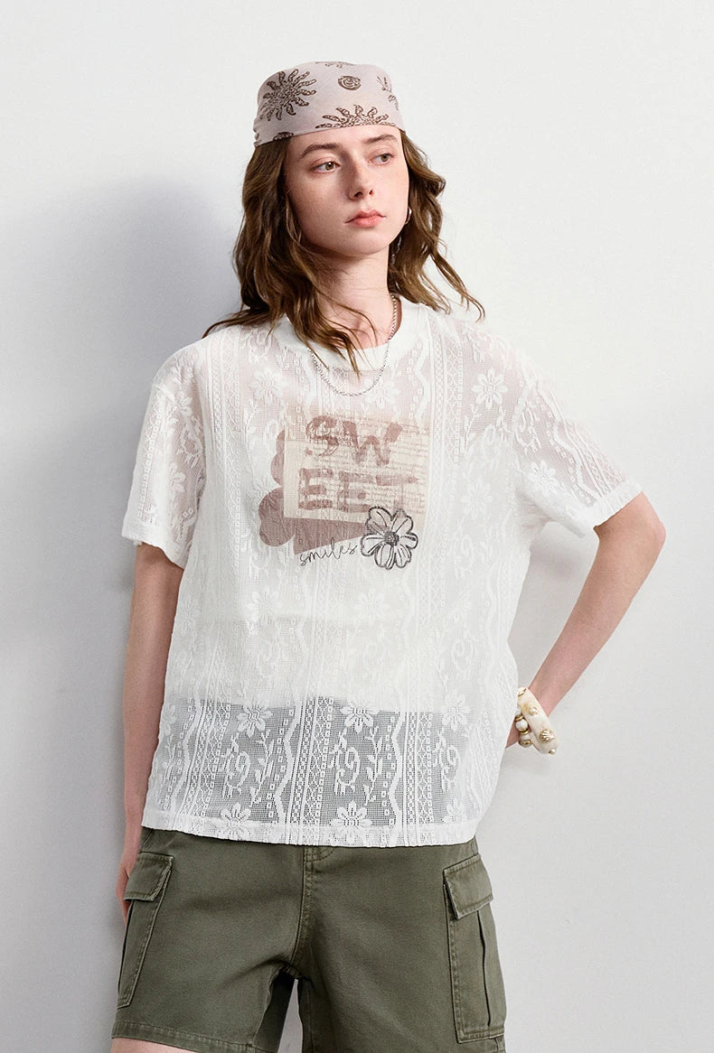 TOYOUTH Women Lace Sheer T-Shirt 2026 Summer New Letter Flower Print Loose Drop Shoulder Fashion Pullover Tops