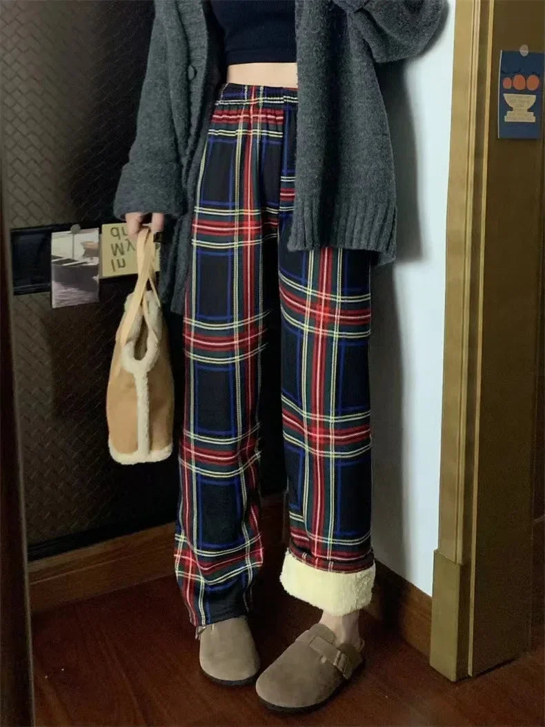 Fashion Warm Plush Pants Cashmere Thick Plaid Women's Winter Casual Loose Wide-legged Pants Korean Streetwear Students