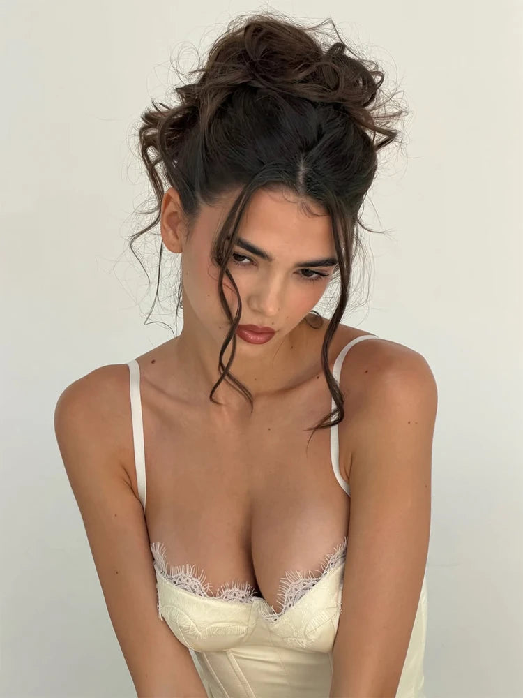 Women's White Lace Trim Corset Mini Dress Sexy Sweetheart Neck Spaghetti Strap Slit Hem 2026 Summer Leisure Nightclub Party Wear