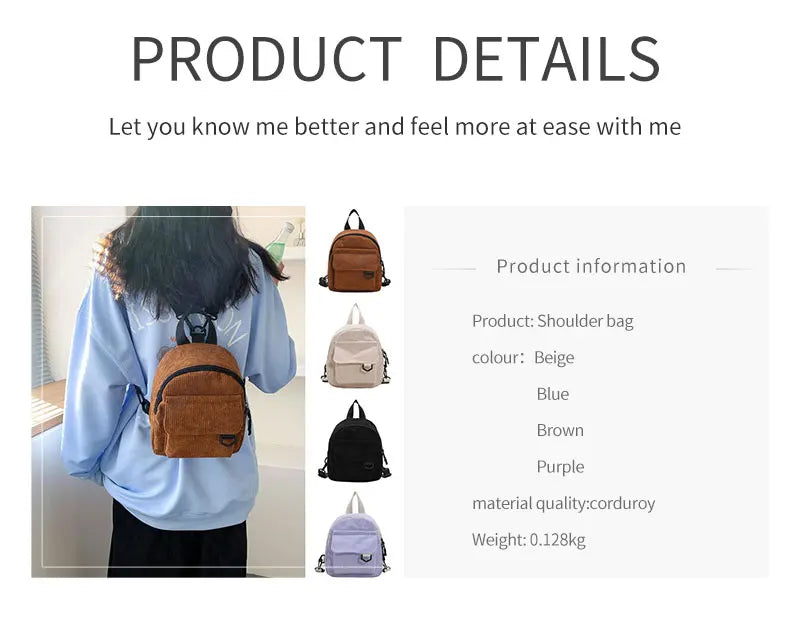 Womens Backpack Fashion Casual Corduroy Small Backpack Travel Stylish Backpack