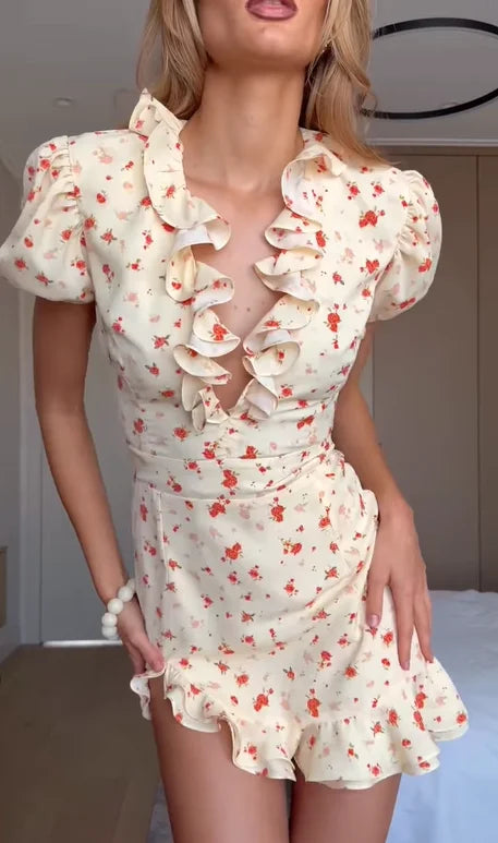 White Red Floral Ruched Puff Sleeve Mini Dress V-neck Ruffle Hem 3D Rose Dresses 2026 Summer Lady Party Sweet Date Vestidos New