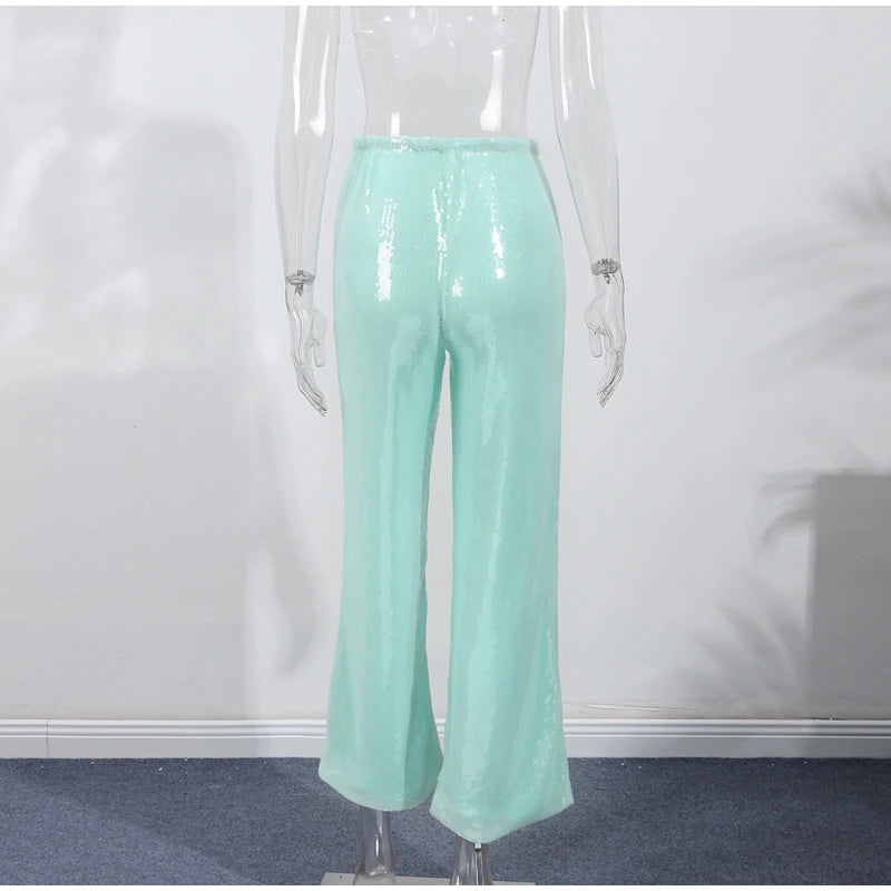 Loose Solid Color Sequin Pants Women Cinched Waist Glitter Straight Baggy Long Pants Casual Street Chic Sparkle Women's Trousers