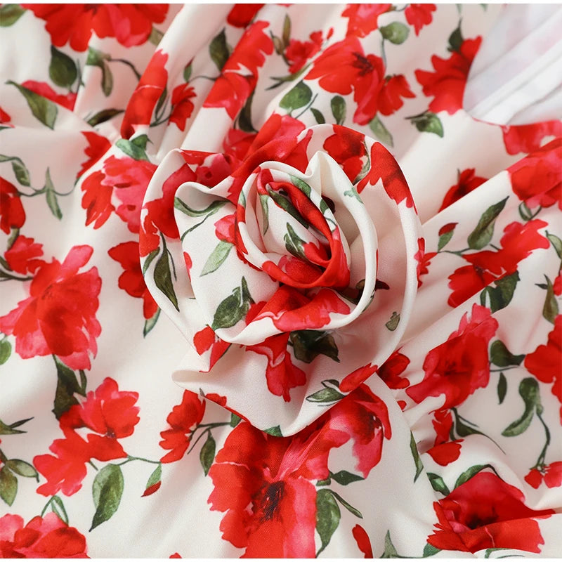 White Red Floral Ruched Puff Sleeve Mini Dress V-neck Ruffle Hem 3D Rose Dresses 2026 Summer Lady Party Sweet Date Vestidos New