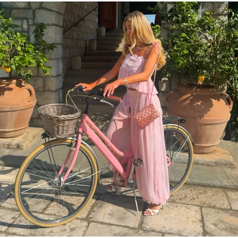 Women's Pant Set Sheer Layers Spaghetti Strap Backless Lace Top Straps Solid Loose Straight Elastic Hem Fashion Beach Chic Suits
