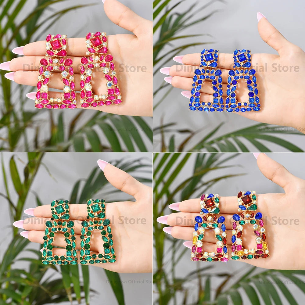 Bohemian Colorful Crystal Decor Large Dangle Earrings For Women Luxury Design Charm Holiday Unusual Pendant Jewelry Accessories