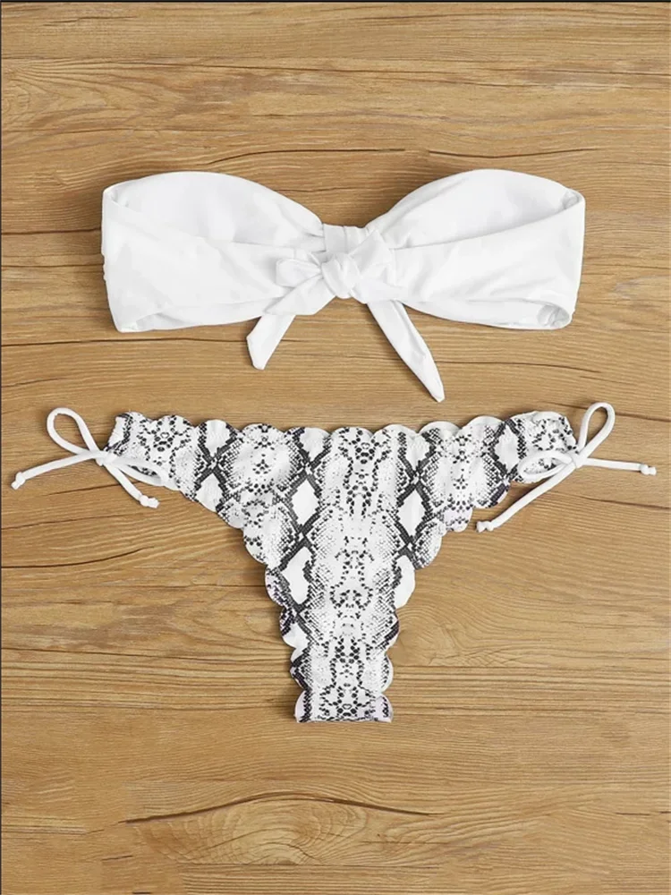 Beach Bikini 2026 Women Sexy Front Lace Up Tie Bandeau Leopard Swimsuit Female Push Up Ruffled Bow Bathing Suit Thong Swimwear