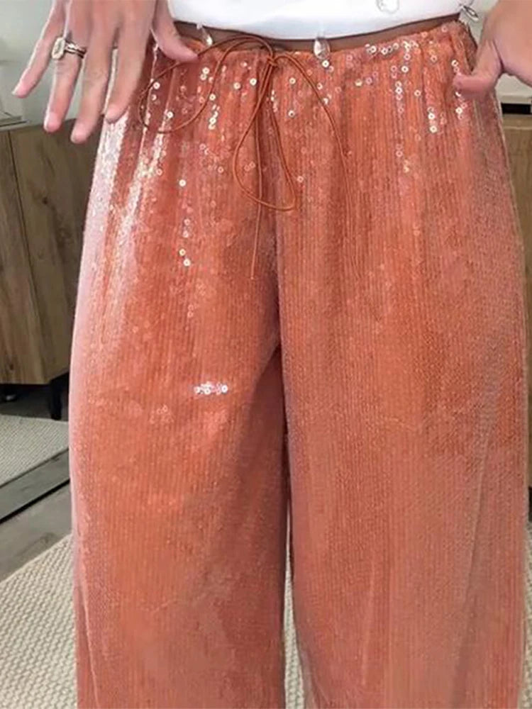 Loose Solid Color Sequin Pants Women Cinched Waist Glitter Straight Baggy Long Pants Casual Street Chic Sparkle Women's Trousers