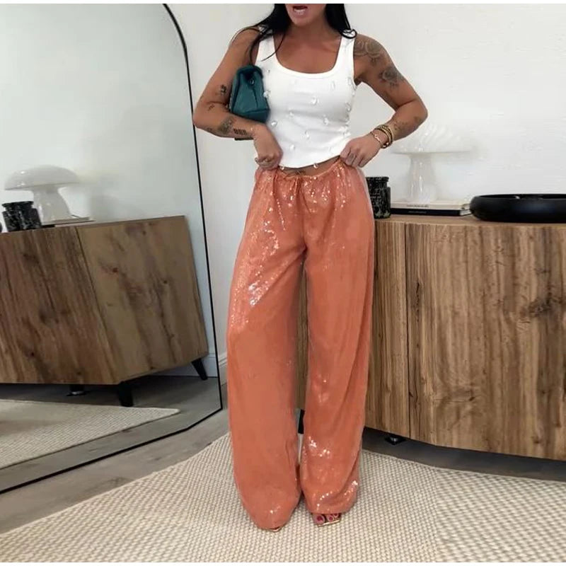 Loose Solid Color Sequin Pants Women Cinched Waist Glitter Straight Baggy Long Pants Casual Street Chic Sparkle Women's Trousers