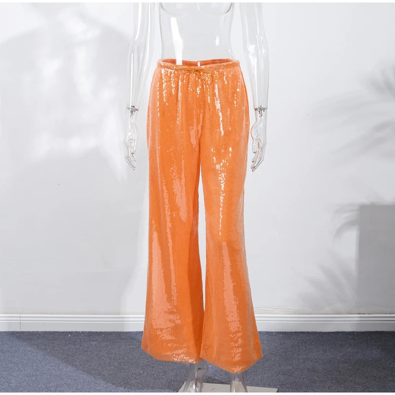 Loose Solid Color Sequin Pants Women's Cinched Waist Glitter Straight Baggy Long Pants Casual Street Chic Sparkle Women's Trousers