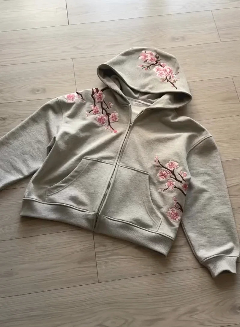 Y2K Vintage Oversized Cherry Blossom Embroidered Hooded Jacket Men's Women's Pink Zipper Coat Harajuku Hip Hop Graphic Streetwear