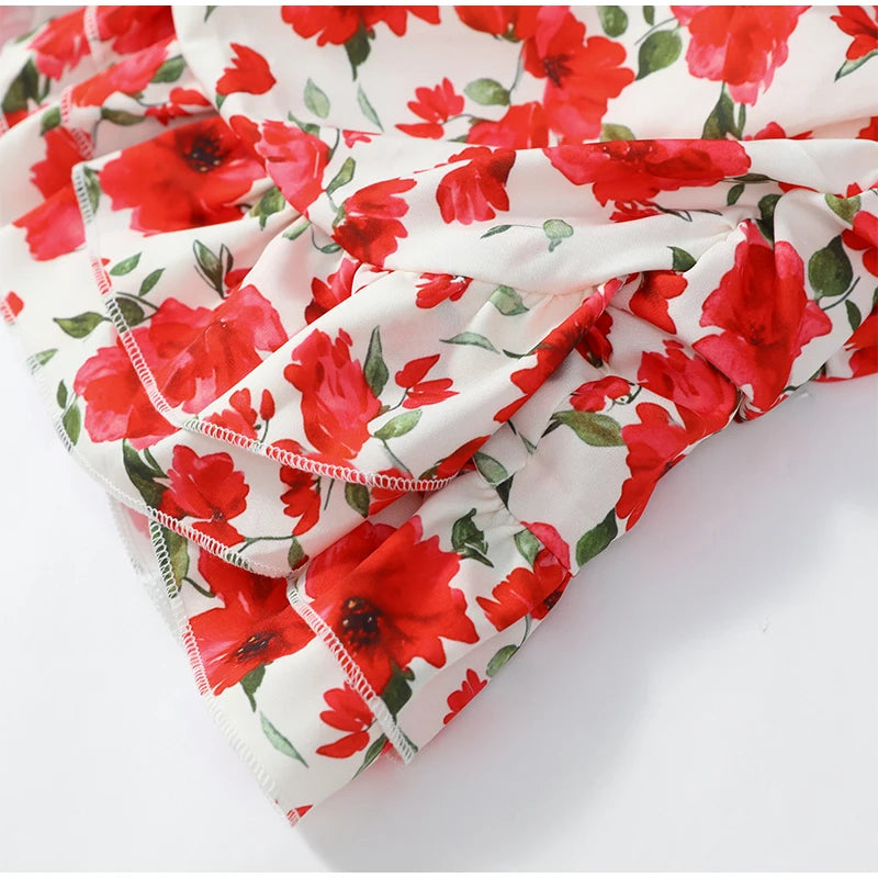 White Red Floral Ruched Puff Sleeve Mini Dress V-neck Ruffle Hem 3D Rose Dresses 2026 Summer Lady Party Sweet Date Vestidos New