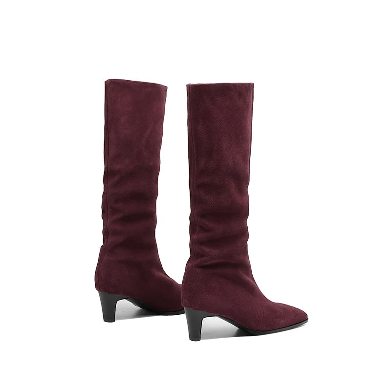 2025 New Trend Cow Suede Women Autumn Winter Slip-On Boots Chocolate Burgundy High Chunky Heels Square Toe Lady Knee High Boots