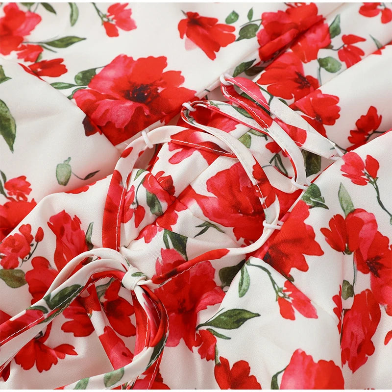 White Red Floral Ruched Puff Sleeve Mini Dress V-neck Ruffle Hem 3D Rose Dresses 2026 Summer Lady Party Sweet Date Vestidos New