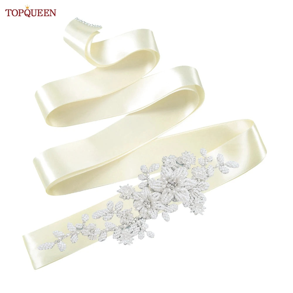 TOPQUEEN S484 Bridal Belt Fashion Wedding Accessories White Pearl Beaded Flower Sash Women's Party Dresses Accessories Appliques