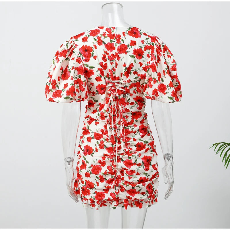 White Red Floral Ruched Puff Sleeve Mini Dress V-neck Ruffle Hem 3D Rose Dresses 2026 Summer Lady Party Sweet Date Vestidos New