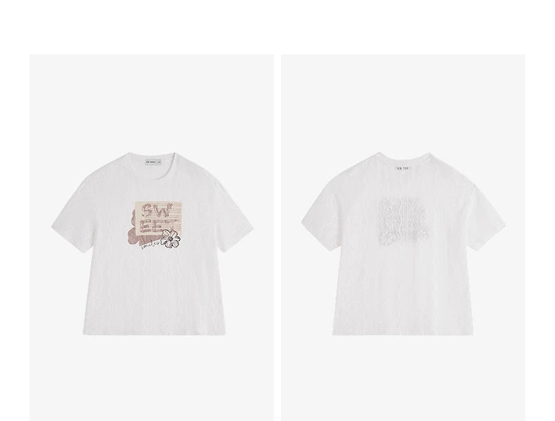 TOYOUTH Women Lace Sheer T-Shirt 2026 Summer New Letter Flower Print Loose Drop Shoulder Fashion Pullover Tops