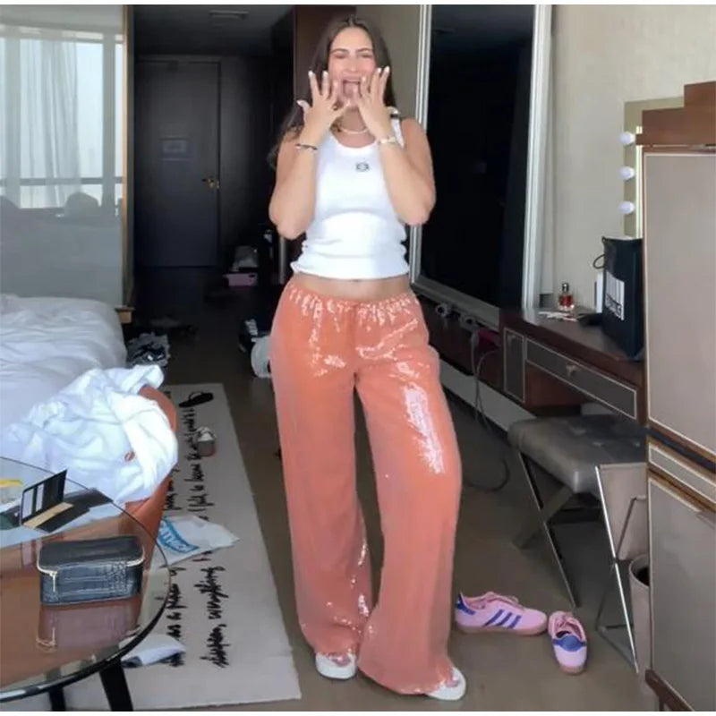 Loose Solid Color Sequin Pants Women's Cinched Waist Glitter Straight Baggy Long Pants Casual Street Chic Sparkle Women's Trousers