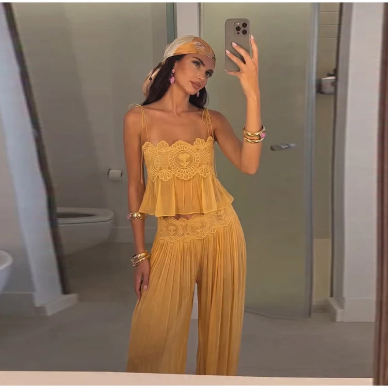 Women's Pant Set Sheer Layers Spaghetti Strap Backless Lace Top Straps Solid Loose Straight Elastic Hem Fashion Beach Chic Suits