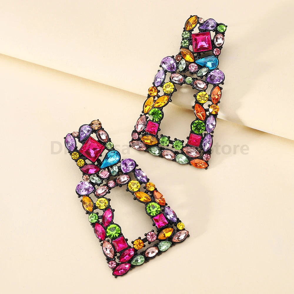 Bohemian Colorful Crystal Decor Large Dangle Earrings For Women Luxury Design Charm Holiday Unusual Pendant Jewelry Accessories