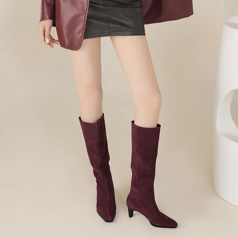 2025 New Trend Cow Suede Women Autumn Winter Slip-On Boots Chocolate Burgundy High Chunky Heels Square Toe Lady Knee High Boots