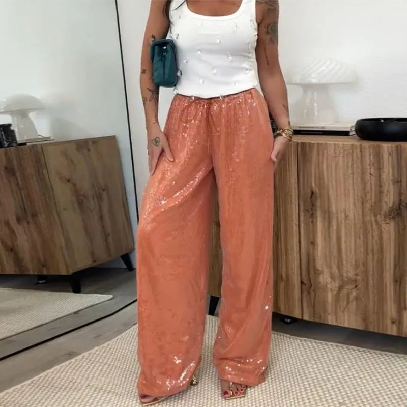 Loose Solid Color Sequin Pants Women's Cinched Waist Glitter Straight Baggy Long Pants Casual Street Chic Sparkle Women's Trousers
