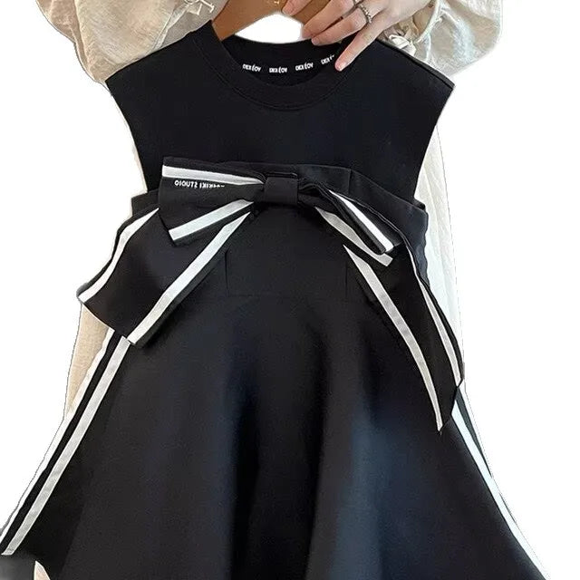 RAISE Baby Girl Bow Vest Dress Striped Infant Toddler Kids Girl Sleeveless Vestido Summer Vintage 1-8Yrs Child Girl Ruched Dress