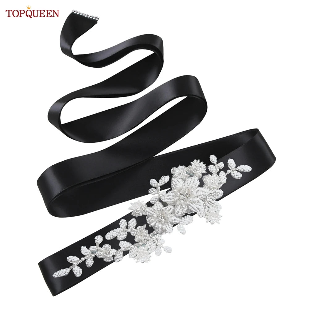 TOPQUEEN S484 Bridal Belt Fashion Wedding Accessories White Pearl Beaded Flower Sash Women's Party Dresses Accessories Appliques