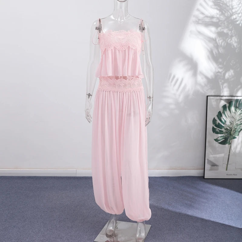 Women's Pant Set Sheer Layers Spaghetti Strap Backless Lace Top Straps Solid Loose Straight Elastic Hem Fashion Beach Chic Suits
