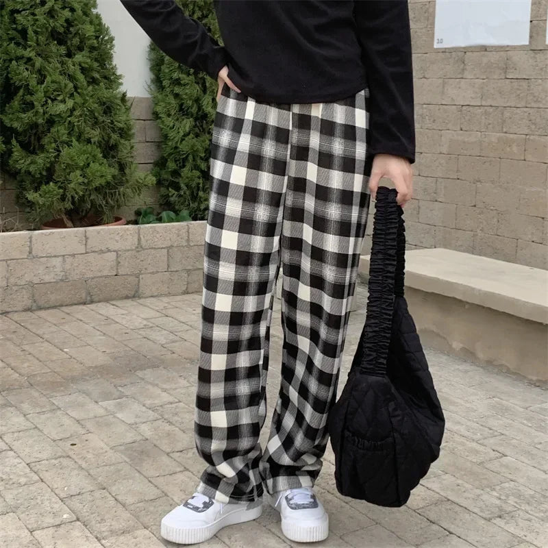 Fashion Warm Plush Pants Cashmere Thick Plaid Women's Winter Casual Loose Wide-legged Pants Korean Streetwear Students