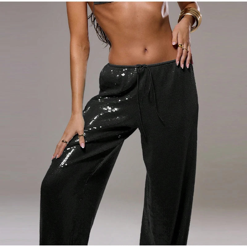 Loose Solid Color Sequin Pants Women Cinched Waist Glitter Straight Baggy Long Pants Casual Street Chic Sparkle Women's Trousers