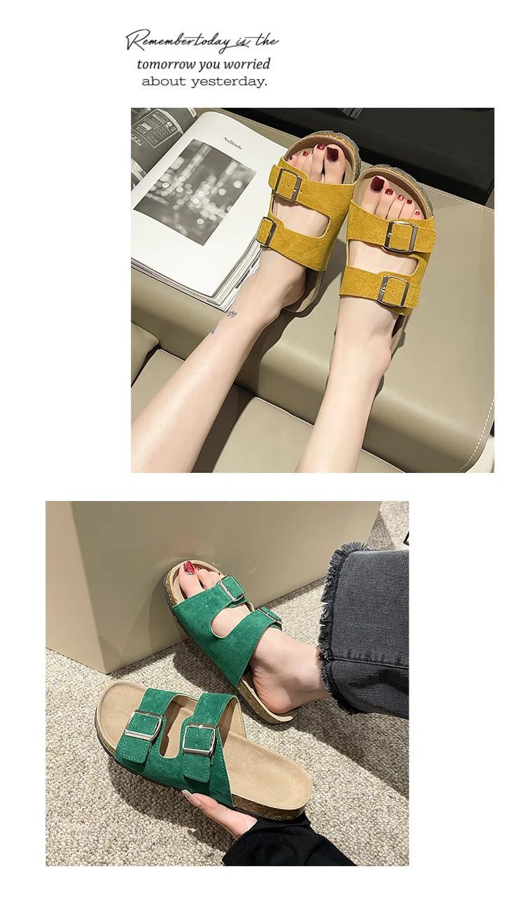 Shevalues Cork Sole Slippers For Women Men Classic Suede Summer Sandals With Arch Support Fashion Orthopedic Beach Cork Shoes