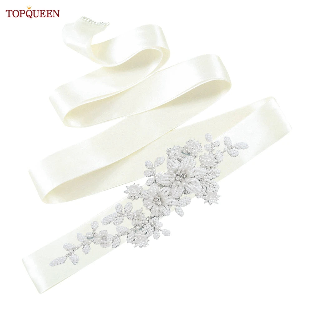 TOPQUEEN S484 Bridal Belt Fashion Wedding Accessories White Pearl Beaded Flower Sash Women's Party Dresses Accessories Appliques