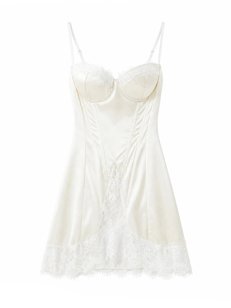 Women's White Lace Trim Corset Mini Dress Sexy Sweetheart Neck Spaghetti Strap Slit Hem 2026 Summer Leisure Nightclub Party Wear