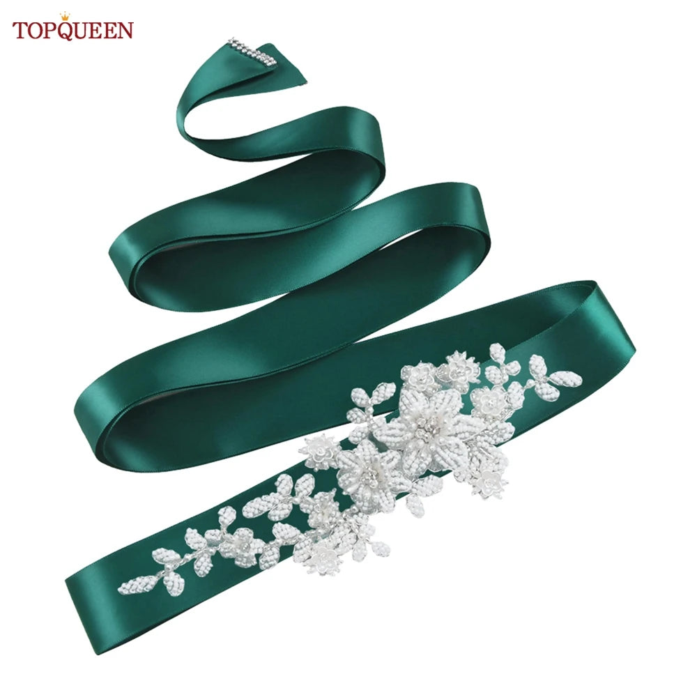 TOPQUEEN S484 Bridal Belt Fashion Wedding Accessories White Pearl Beaded Flower Sash Women's Party Dresses Accessories Appliques