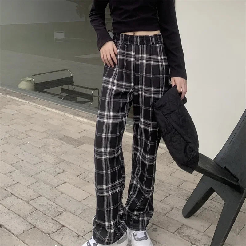 Fashion Warm Plush Pants Cashmere Thick Plaid Women's Winter Casual Loose Wide-legged Pants Korean Streetwear Students